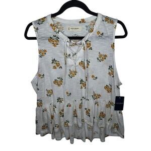 Lucky Brand Floral Peplum Top Large Boho Lace Up Peasant Bohemian Romantic